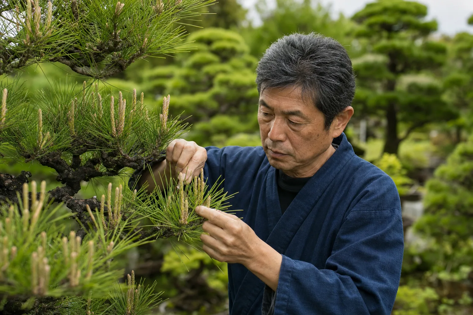 Gardener carefully pruning a Japanese black pine